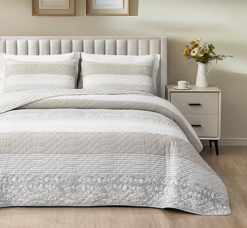 Chezmoi Collection Robyn 3-Piece Neutral Taupe Gray White Floral Hibiscus Flower Patchwork Striped Quilt Set - Pre-Washed Cotton Coverlet - Lightweight Reversible Bedspread, Queen Size Chezmoi Collection