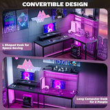 HOMCOM Gaming Desk, 62" L Shaped Desk with Power Outlets & LED Lights, 86" 2 Person Computer Table with Shelf & Rolling CPU Stand, Reversible Corner Office Table with Hutch, Black HOMCOM