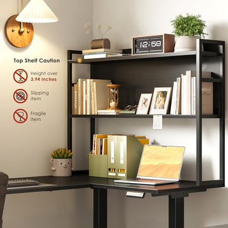 OffiGo L Shaped Electric Standing Desk, 63 Inch Reversible Corner Stand up Table with Hutch, Height Adjustable Ergonomic Large Lift Table for Home Office, Workstation, Black OffiGo