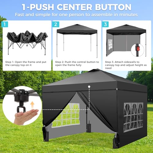 Oneofics 12x12 FT Pop Up Canopy, Instant Canopy Tent with 1-Button Push, 4 Removable Sidewalls, Sandbags, Wheeled Bag for Outdoor Activities & Events Oneofics