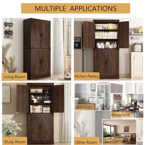 Farmhouse Tall Kitchen Pantry Cabinet with Adjustable Shelves and Barn Doors - 71" Brown Storage Solution Hlivelood