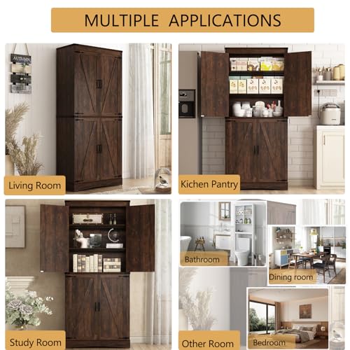 Farmhouse Tall Kitchen Pantry Cabinet with Adjustable Shelves and Barn Doors - 71" Brown Storage Solution - WoodArtSupply