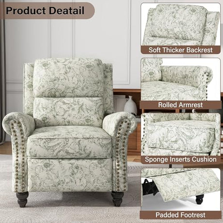 UIXE Floral Pushback Recliner Chair, Fabric Overstuffed Armchair Push Back Accent Chair for Living Room, Rivet Trim Club Chair Home Theater Single Sofa Bedroom Side Reading Seat - Rococo Green UIXE
