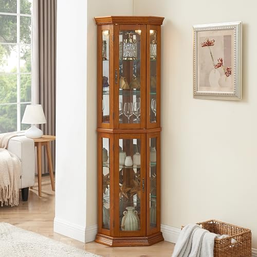 Wekuku Oak Corner Curio Cabinet with Lights Mirrored Back – Adjustable Tempered Glass Shelves, Display Cabinet for Collectibles (E26 Bulb Not Included) Wekuku