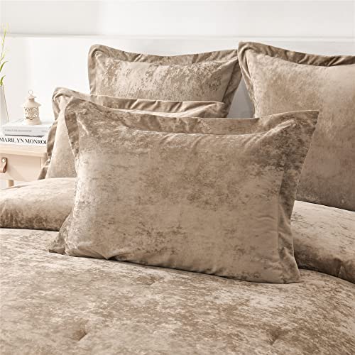 Fredsure Distressed Velvet Comforter Set, 5 Pieces Khaki King, Distressed Velvet Face and Brushed Microfiber Reverse Fredsure