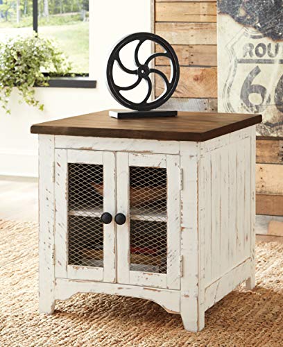 Signature Design by Ashley Wystfield Farmhouse End Table with Storage, Distressed White & Brown Finish