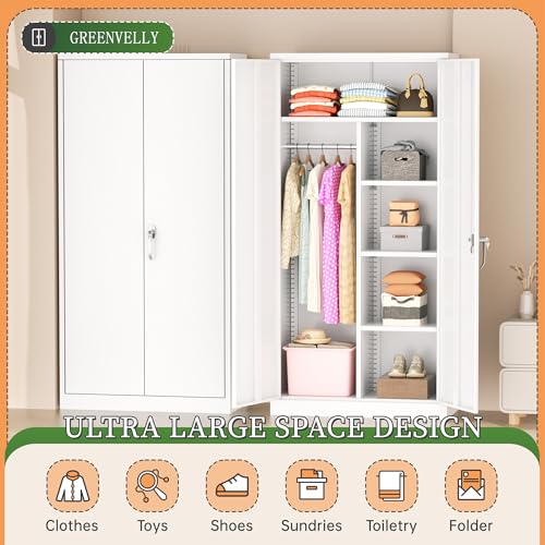 Greenvelly Metal Wardrobe Cabinet with Locking Doors, 72" H x 36" W White Metal Wardrobe Closet Cabinet with Hanging Rods and Adjustable Shelves, Steel Storage Closet for Home, Office, Employee, Gym Greenvelly