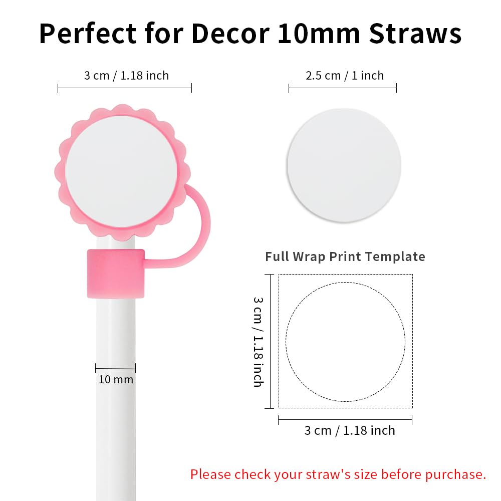 PYD Life 12 Pack Sublimation Straw Cover Cap Topper Silicone Pink for 40 OZ 30 OZ 20 OZ Stanley Tumbler Cup 10mm Straws 1.18" Flower Round with 1" Sublimation Blanks Aluminum Round Sheets PYD Life