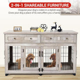 Dog Crate Furniture with 5 Doors, 58" Wooden Dog Kennel End Table with Large Capacity Drawers, Dog House with Openable Divider for Small/Medium/Large Dog,Dog Cage,Side End Table (Rustic Grey) LALFPET
