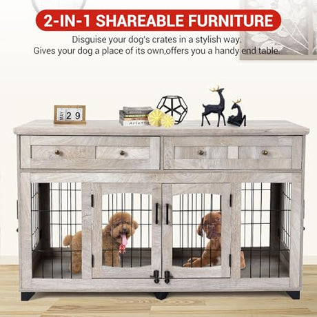 Dog Crate Furniture with 5 Doors, 58" Wooden Dog Kennel End Table with Large Capacity Drawers, Dog House with Openable Divider for Small/Medium/Large Dog,Dog Cage,Side End Table (Rustic Grey) LALFPET
