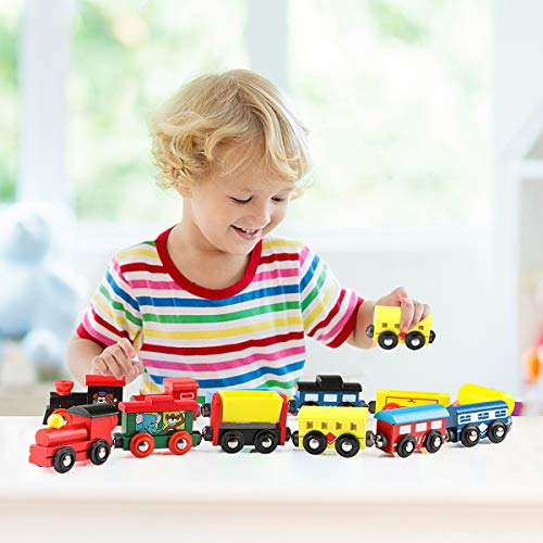 Joqutoys 12 PCS Wooden Train Cars, Train Toys Magnetic Set Includes 3 Engines and Storage Bag, Toy Train Sets for Kids Toddler Boys and Girls, Compatible with Major Brands Train Tracks Set Joqutoys