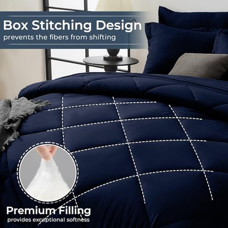 HEVUMYI Navy Blue Queen Comforter Set - 7-Piece All Season Bed in a Bag Queen, Ultra Soft Bedding Set with Comforter, Flat Sheet, Fitted Sheet, Pillowcases, Pillow Shams, Navy Blue HEVUMYI