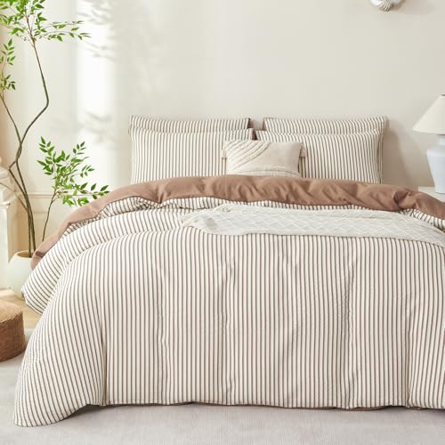 TISPLR Comforter Set Queen Size Striped Soft Luxury Washed Microfiber Jacquard 3 Pieces Bedding, White Dark Brown Vertical Ticking Stripes Comforter with 2 Pillowcases Breathable Durable Comfy TISPLR