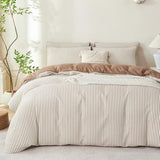 TISPLR Comforter Set Queen Size Striped Soft Luxury Washed Microfiber Jacquard 3 Pieces Bedding, White Dark Brown Vertical Ticking Stripes Comforter with 2 Pillowcases Breathable Durable Comfy TISPLR