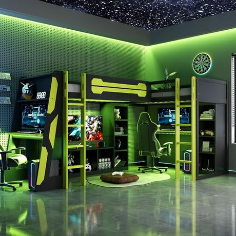 Merax Twin Size Gaming Loft Bed with Desk, TV Stand and Storage Shelves, Solid Wood Dual Twin Bed Frame with RGB LED Lights & USB Ports for Teens Bedroom, Space-Saving Design, Reversible Layout, Green Merax