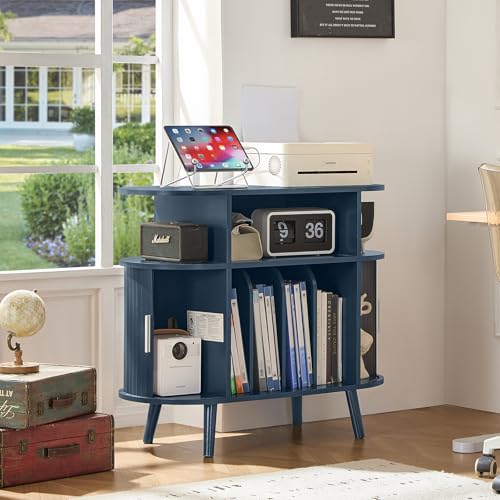LELELINKY Large Round Record Player Stand with Charging Station & Fluted Panel,Navy Blue Mid Century Modern Turntable Cabinet with Vinyl Storage, Arched Wood Record Player Table for Living Room LELELINKY
