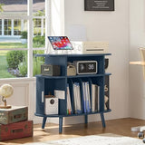 LELELINKY Large Round Record Player Stand with Charging Station & Fluted Panel,Navy Blue Mid Century Modern Turntable Cabinet with Vinyl Storage, Arched Wood Record Player Table for Living Room LELELINKY