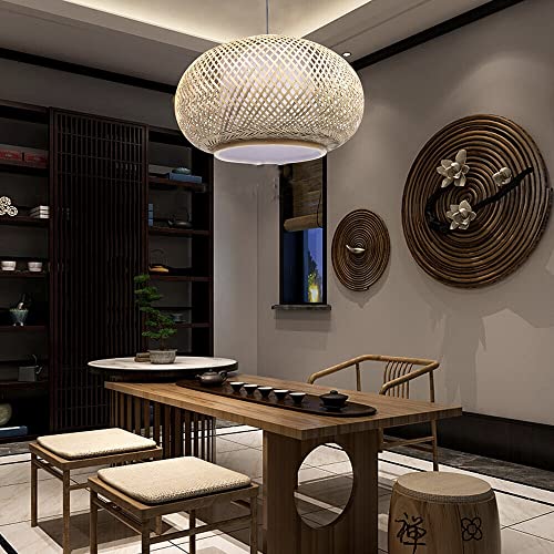 OUKANING 23.5" Bamboo Rattan Ceiling Pendant Light Retro Lantern Hanging Light Fixture, Rustic Woven Light Fixture Creative Decoration Art Lighting for Restaurant, Bedroom, Balcony - WoodArtSupply