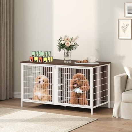 MAHANCRIS Dog Crate Furniture for 2 Dogs, 43.3" Dog Kennel with Removable Divider, Heavy Sturdy Dog Furniture Style Double Cage for Small Medium Dogs, Indoor Pet House End Table, White and Walnut MAHANCRIS