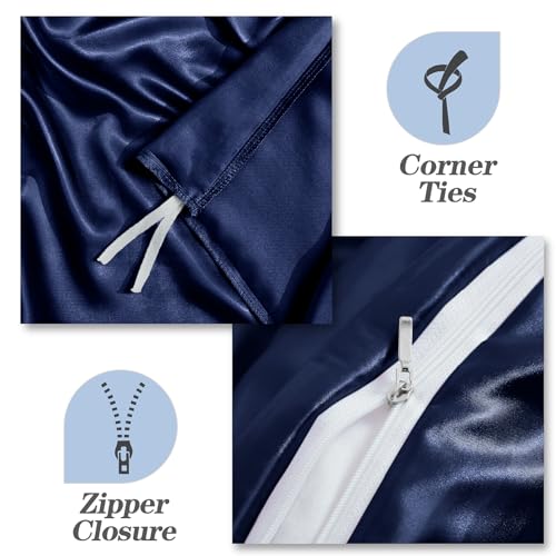 MILVOWOC 6 Pcs Navy Blue Satin Duvet Cover Full/Queen Size Set, Silky Bed Duvet Cover Ultra Soft Comforter Cover, 1 Satin Duvet Cover, 1 Body Pillowcase, 4 Pillow Cases (No Comforter) MILVOWOC