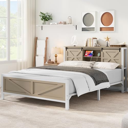 YITAHOME Rustic Oak Farmhouse Queen Bed Frame with Storage Headboard and Charging Station