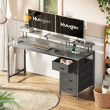 Huuger 55 Inch Computer Desk with Power Outlets and LED Lights, Gaming Desk with 4 Drawers, Office Desk with Monitor Stand, Study Work, Home Office, Gray Huuger