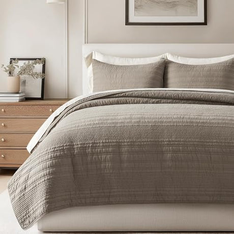 EVERGRACEHOME 100% Cotton Modern Lines Quilt Set King Size, Pre-Washed Soft Striped Coverlet Bedspread, 3 Piece Lightweight Bedding Set for All Season, with 2 Pillow Shams, Stone Taupe EVERGRACEHOME