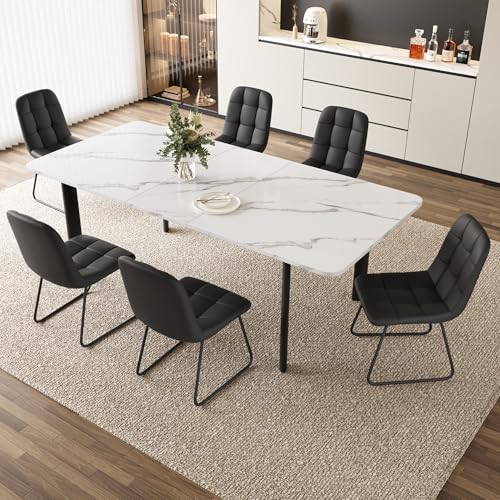 HIPIHOM Extendable Dining Table Set for 6-8 People, 63 to 78.7 Inch MDF Kitchen Table with 6 Upholstered Chairs, Space-Saving for Dining Room, Breakfast Nook (White Table & 6 Black U-Shaped Chairs) HIPIHOM