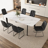 HIPIHOM Extendable Dining Table Set for 6-8 People, 63 to 78.7 Inch MDF Kitchen Table with 6 Upholstered Chairs, Space-Saving for Dining Room, Breakfast Nook (White Table & 6 Black U-Shaped Chairs) HIPIHOM