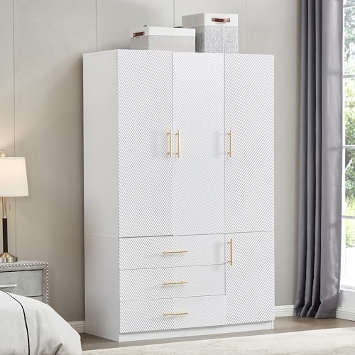 Idealcabin 3 Doors White Modern Wardrobe Armoire Wooden Closet Cabinet with Hanging Rod ShelvesBedroom Clothes Storage Organizer Bathroom Wood Closet with 3 Drawers (20.3" D x 47.2" W x 74.2" - WoodArtSupply