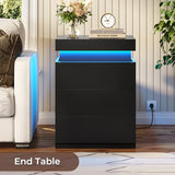 BTHFST LED Nightstands Set of 2,Night Stands for Bedroom Set of 2,Nightstand with Charging Station and Sliding Top,Bedside Table with Power Outlets & Drawers,Modern End Side Table (Black) BTHFST