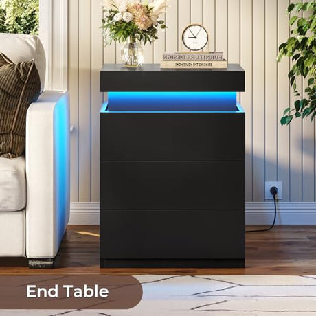 BTHFST LED Nightstands Set of 2,Night Stands for Bedroom Set of 2,Nightstand with Charging Station and Sliding Top,Bedside Table with Power Outlets & Drawers,Modern End Side Table (Black) BTHFST