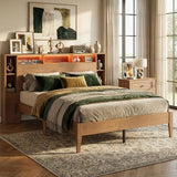 LIKIMIO Queen Bed Frame, Storage Headboard with Charging Station & LED Lights, 7 Open Shelves, 2 Side Cabinets, Storage Platform Bed, Easy Assembly, No Box Spring Needed, Natural Color LIKIMIO
