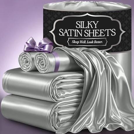 DECOLURE Satin Bed Sheets - 4 Piece Luxury Silky Queen Size Bedding Set - Softer Than Silk, Wrinkle-Free with 15” Deep Pocket Fitted Sheet, Perfect for Hair & Skin, Gifts for Women (Grey) DECOLURE