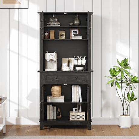IDEALHOUSE 72" in Tall Kitchen Pantry Storage Cabinet, Elegant Pantry Hutch Bar Cabinet with Microwave Stand & Drawers, Glass Doors for Dining Room, Kitchen, Living Room (Black & 32 Inches Wide) IDEALHOUSE