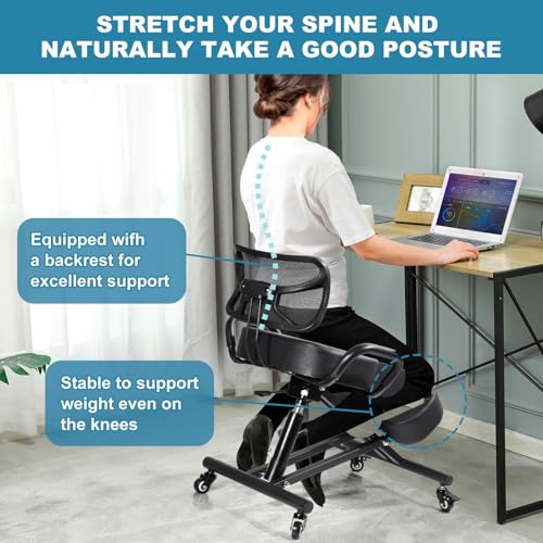 Ergonomic Kneeling Chair, Lumbar Support Kneeling Chair with Adjustable Height and Footrest for Desk Work for Home and Work, Improve Your Postures, 4" Thick Comfortable Cushions, Locking Wheels Generic