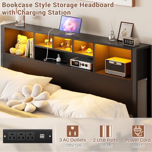 Homieasy Full Size Bed Frame with Bookcase Headboard, LED Lighting & Charging Station - Heavy Duty Metal Platform, No Box Spring Required Homieasy
