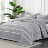 Andency King Size Quilt Set Grey, 3 Pieces Boho Lightweight Soft Striped Bedspread for All Season (106"x96"), Gray Printed Bohemian Microfiber Reversible Coverlet Comforter Sets