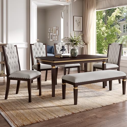 Merax 6-Piece Kitchen Dining Table Set, 60" Rectangular Table with 4 High-Back Tufted Upholstered Chairs & 1 Bench, Rubberwood Legs Modern Elegant Farmhouse for Kitchen Room, Espresso Merax