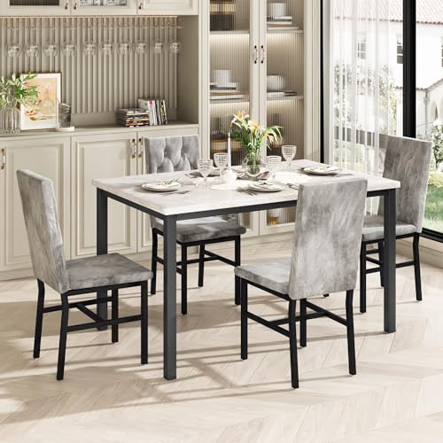 Hooseng Dining Table Set for 4, Faux Marble Small Kitchen Table Chairs Set of 4 with Luxurious Button Tufted Dinner Chairs for Kitchen and Dining (Beige) Hooseng