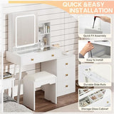 KAMABOKO Vanity Desk with LED Lights Mirror & Power Outlet, Small Makeup Vanity Table Set with 3 LED Lights Modes Adjustable Brightness,Dressing Table for Women and Girls Bedroom (055 White) KAMABOKO