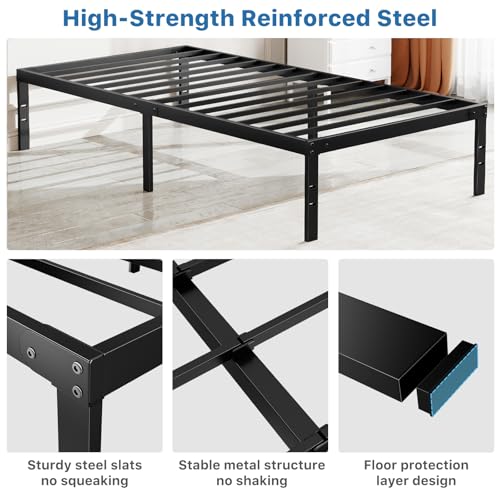 OLIXIS Metal Twin Bed Frame - 14in High with Storage Space, No Box Spring Needed with Sturdy Steel Slat Support, 800LBS Heavy Duty for Easy Assembly, Black for Bedroom OLIXIS