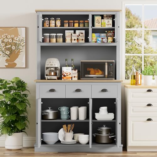Buytime 71" Kitchen Hutch with Charging Station, Tall Pantry Storage Cabinet with Microwave Stand, Adjustable Shelves, Slide Drawers, Large Buffet Pantry Cabinet for Kitchen, Dining Room, Grey Buytime