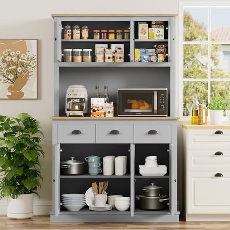 Buytime 71" Kitchen Hutch with Charging Station, Tall Pantry Storage Cabinet with Microwave Stand, Adjustable Shelves, Slide Drawers, Large Buffet Pantry Cabinet for Kitchen, Dining Room, Grey Buytime