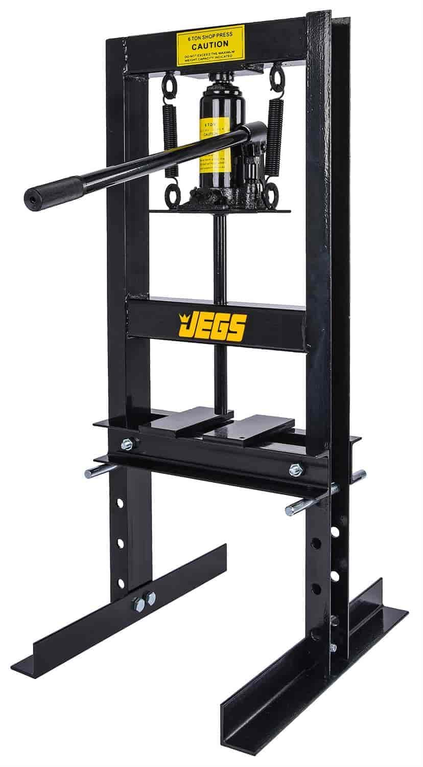 JEGS 6 Ton Hydraulic Shop Press - Lever-Action, Bench Top Hydraulic Press - Up to 18-Inch Working Range - Includes 2 Press Plates - Back Steel with JEGS Logo JEGS