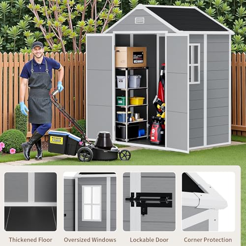 NicBex 6×5 Resin Outdoor Storage Shed with Floor & Window– All-Weather Lockable Small Tool Shed, Outdoor PP Plastic Garden Sheds & Outdoor Storage for Garden, Patio & Backyard – Light Gray NicBex