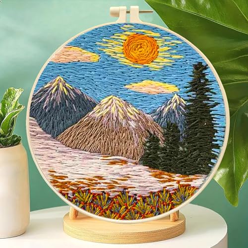 Zhenqing Mountain Sunrise Embroidery Kit - 29x29cm Printed Fabric, Hoop & Full Tools for Beginners(S-CX0636)