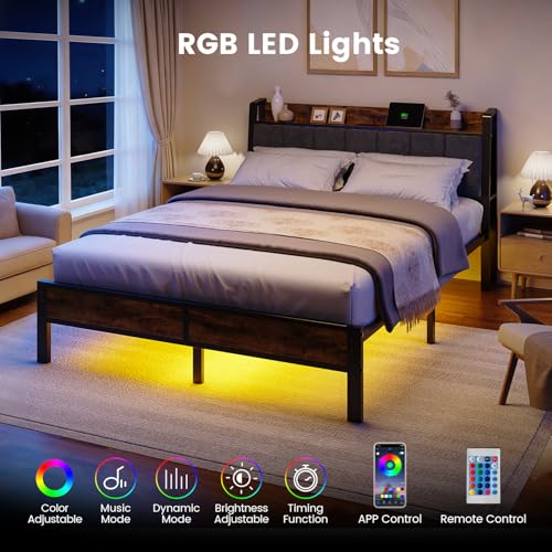 Queen Size Bed Frame with Wood Headboard, Metal Platform Bed with USB Charging Station and Smart LED Lights, No Box Spring Needed, Easy Assembly Liians