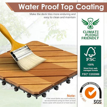 PrimeZone 9 PCS FSC Certified Acacia Wood Interlocking Patio Deck Tiles - 12" x 12" Indoor Outdoor Waterproof Flooring Tiles for Balcony, Backyard & Poolside, All Weather Use, Natural Wood, Diagonal