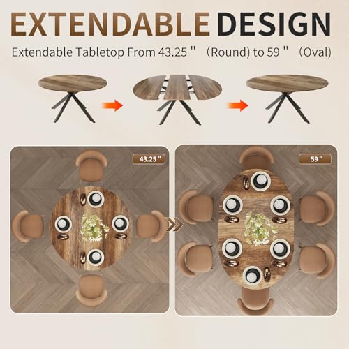 59-Inch Extendable Round Dining Table for Dining Room, 4-6 People Large Expandable Kitchen Dinner Tables with Oval Wood Top and Industrial Metal Frame for Dinner Room, Small Space, Black Brown Epecoya